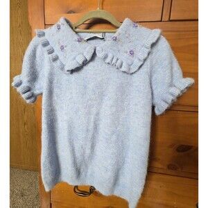 NWT Zara Short Sleeve Sweater Size Large Peter Pan Embellished Collar Pastel